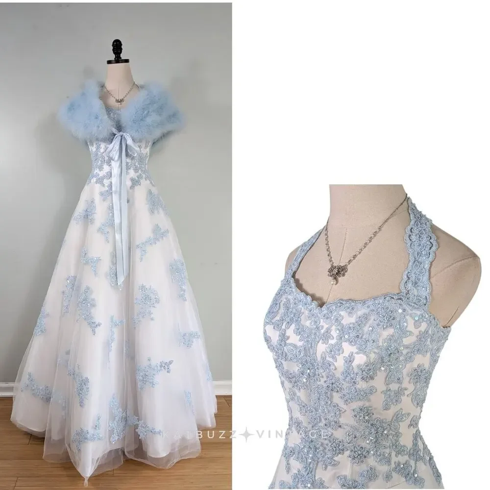 Vtg Jovani Prom Dress Maxi Gown 6 White Blue Y2K Fairy Princess Floral Wedding - Picture 3 of 16